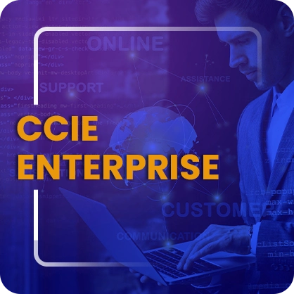 A man writing something on his laptop in background and CCIE Enterprise written in front.