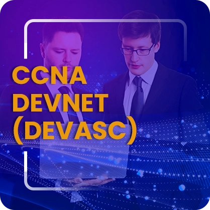 Two man looking a laptop screen and CCNA DevNet (DEVASC) written in front.