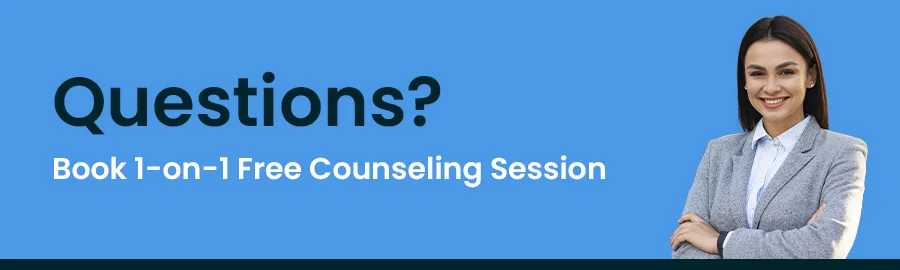 An image with a girl standing a side and questions? and Book 1-on-1 Free Counselling Session on other side