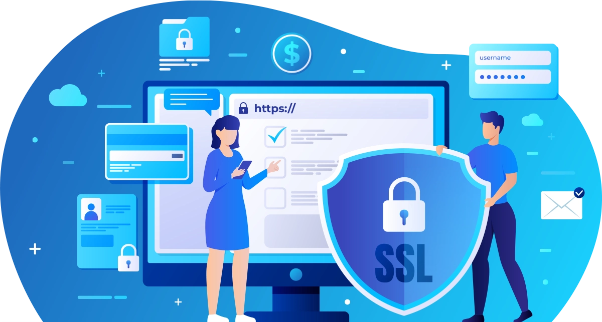 A girl and boy standing in front of a large desktop having a website open with SSL in hand