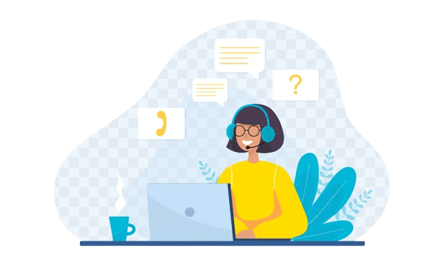 Home Page 11 A girl portraying as a Customer care executive wearing headphones and sitting with a laptop in front and a coffee mug